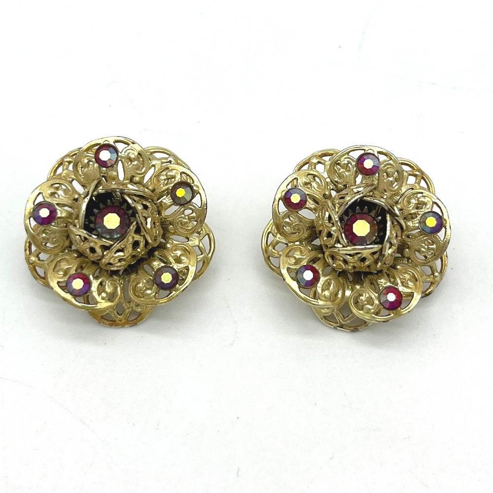 Sarah Coventry Gold Tone Flower Clip On Earrings Aurora Borealis‎ Rhinestones